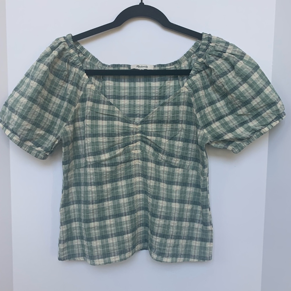 Madewell Womens Plaid Puff-Sleeve Ruched Bodice, Green/Cream Plaid Top, size XS